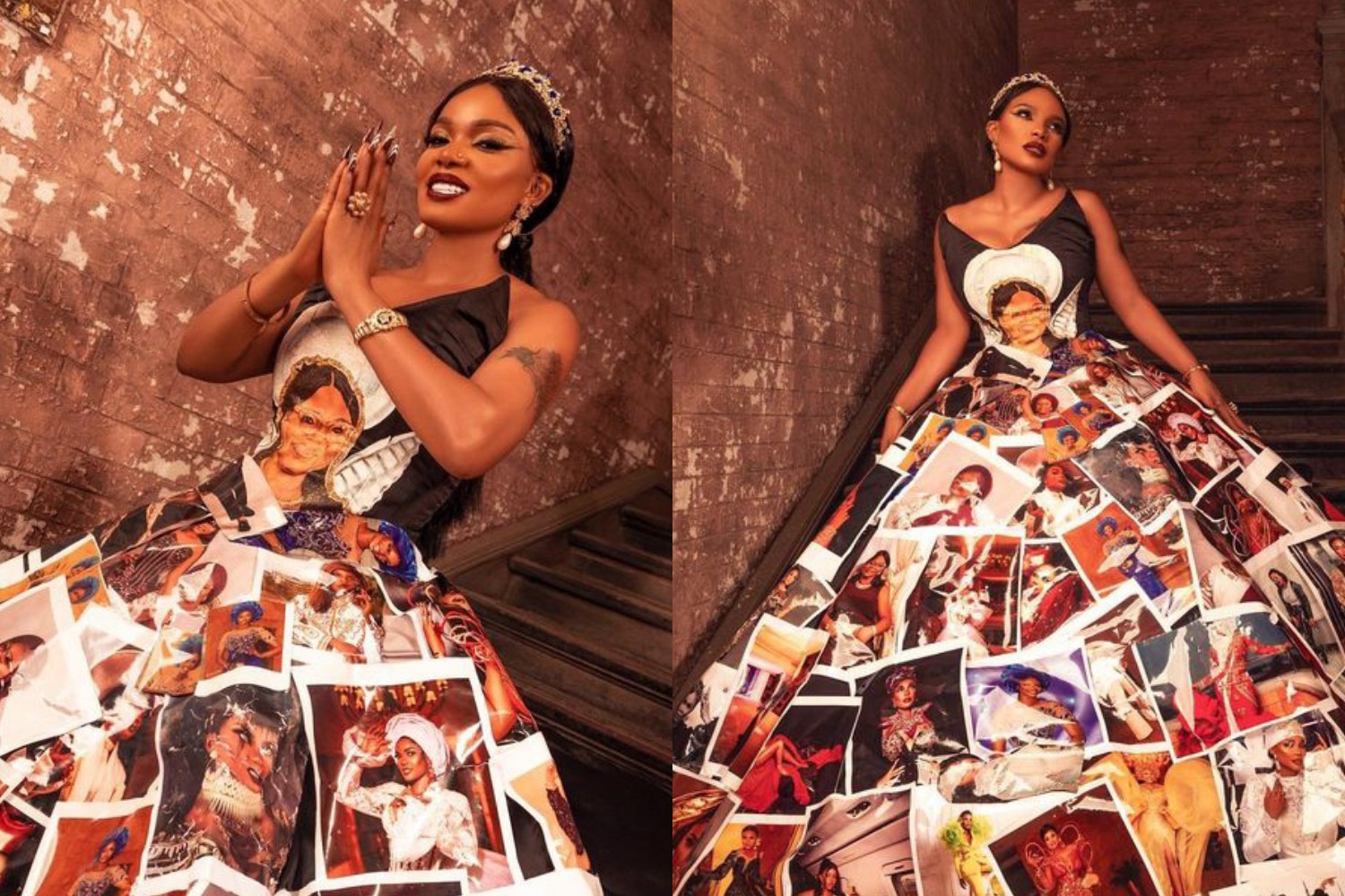 IYABO OJO HAIL TIANNAH AS SHE SURPRISED HER BY MAKING DRESS WITH 150 PICTURES HER AND HER FAMILY ON IT