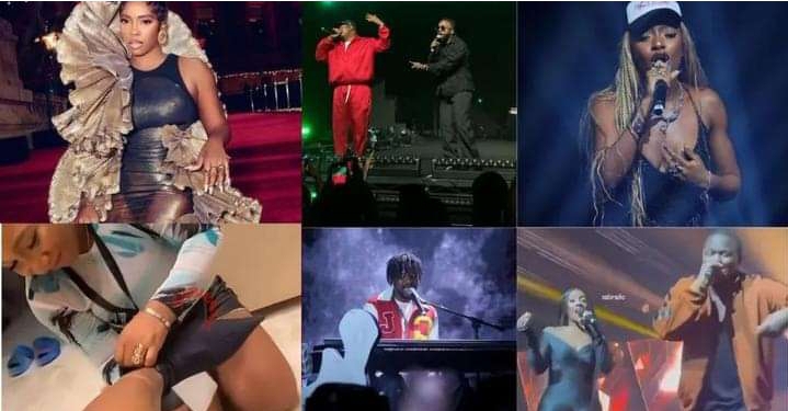 “Wahala” – Reactions as Tiwa Savage can’t pull out her shoes after performance with Don Jazzy, Ayra Starr, Rema & others at Mavin All-Star Concert (Watch Video)